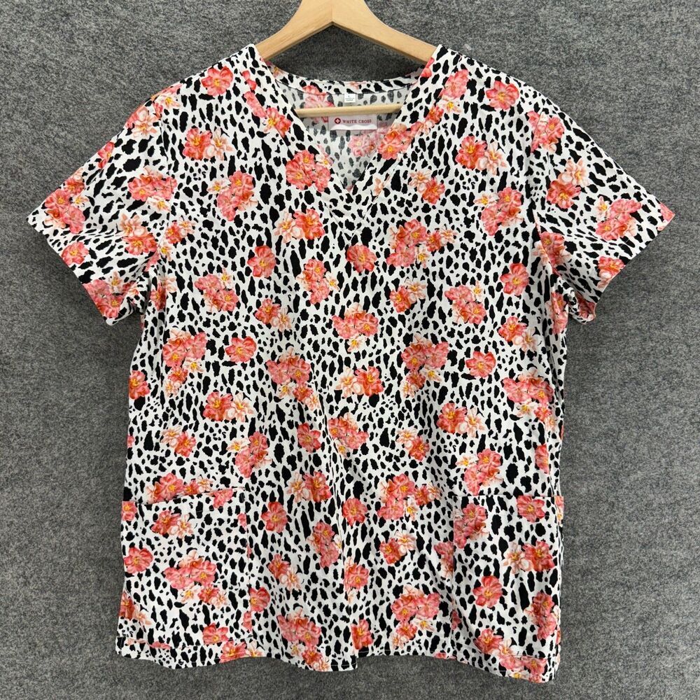 White Cross Scrub Top Women L Large White Floral V-Neck Short Sleeve Cotton